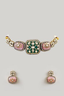 Gold Finish Kundan Polki & Turquoise Green Stone Choker Necklace Set