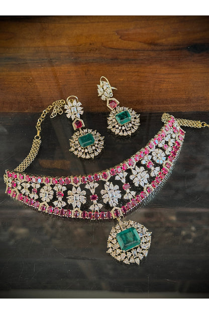 Gold Finish Ruby & Emerald Stone Necklace Set