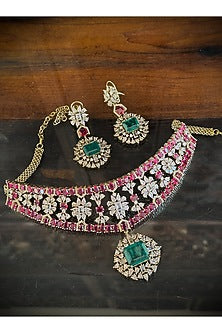 Gold Finish Ruby & Emerald Stone Necklace Set