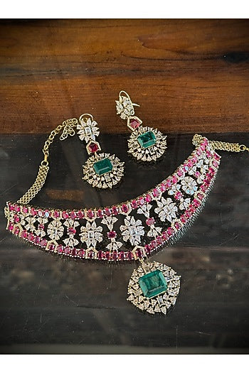 Gold Finish Ruby & Emerald Stone Necklace Set