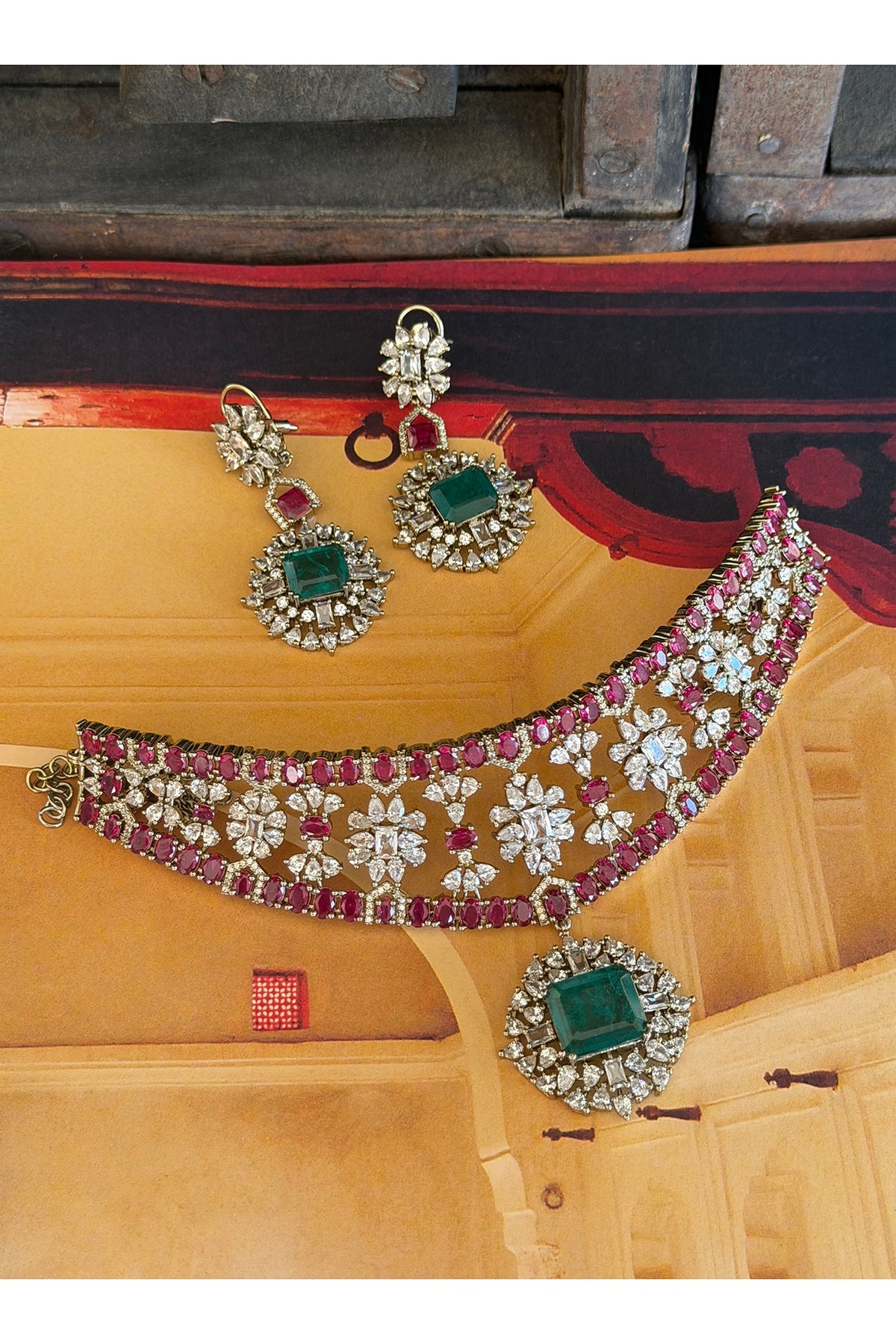 Gold Finish Ruby & Emerald Stone Necklace Set