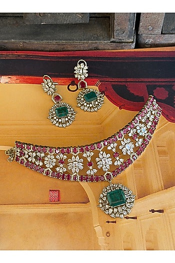 Gold Finish Ruby & Emerald Stone Necklace Set