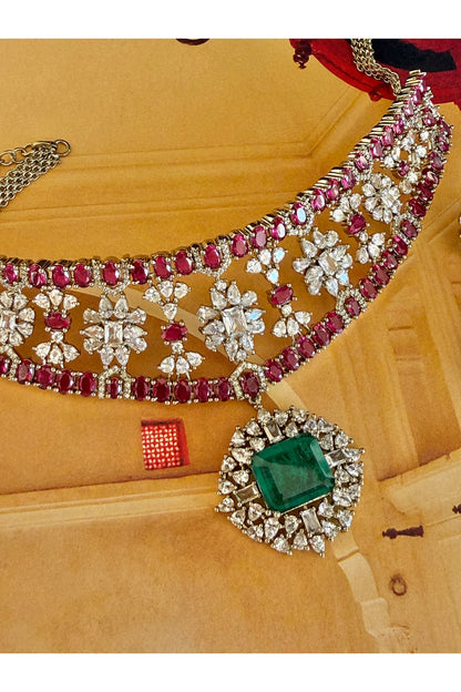 Gold Finish Ruby & Emerald Stone Necklace Set
