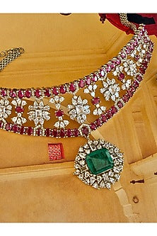 Gold Finish Ruby & Emerald Stone Necklace Set