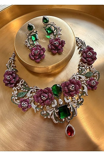 Gold Finish Zircon & Multi-Colored Stone Necklace Set