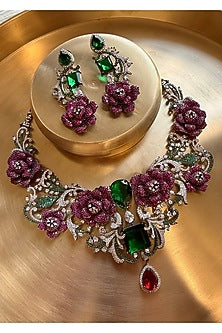 Gold Finish Zircon & Multi-Colored Stone Necklace Set