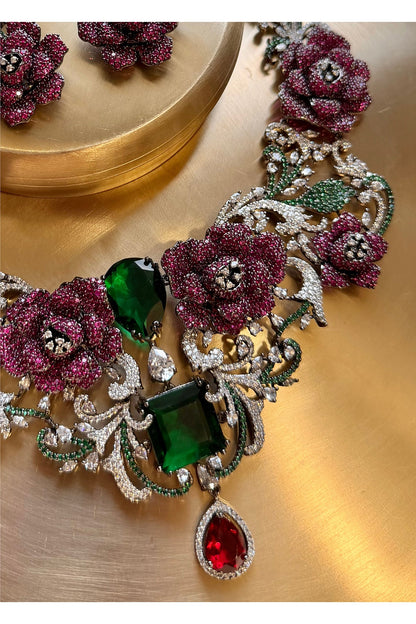 Gold Finish Zircon & Multi-Colored Stone Necklace Set