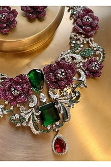 Gold Finish Zircon & Multi-Colored Stone Necklace Set