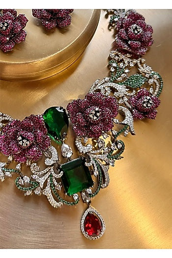 Gold Finish Zircon & Multi-Colored Stone Necklace Set