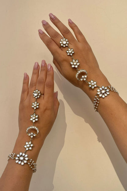 Gold Finish Kundan Polki Haathphool (Set Of 2)
