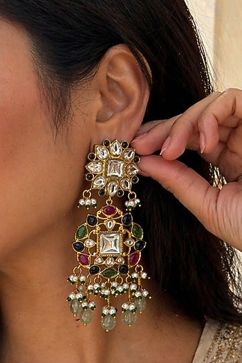 Gold Finish Multi-Colored Kundan Polki Dangler Earrings