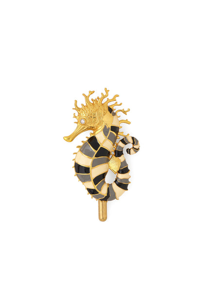 Black & White Brass Handcrafted Sea Horse Brooch
