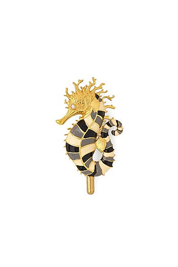 Black & White Brass Handcrafted Sea Horse Brooch
