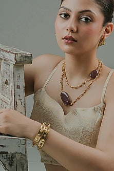 Gold Finish Pink Rhodonite Stone Layered Mala