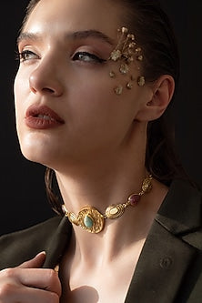 Gold Finish Multi-Colored Stone Statement Necklace