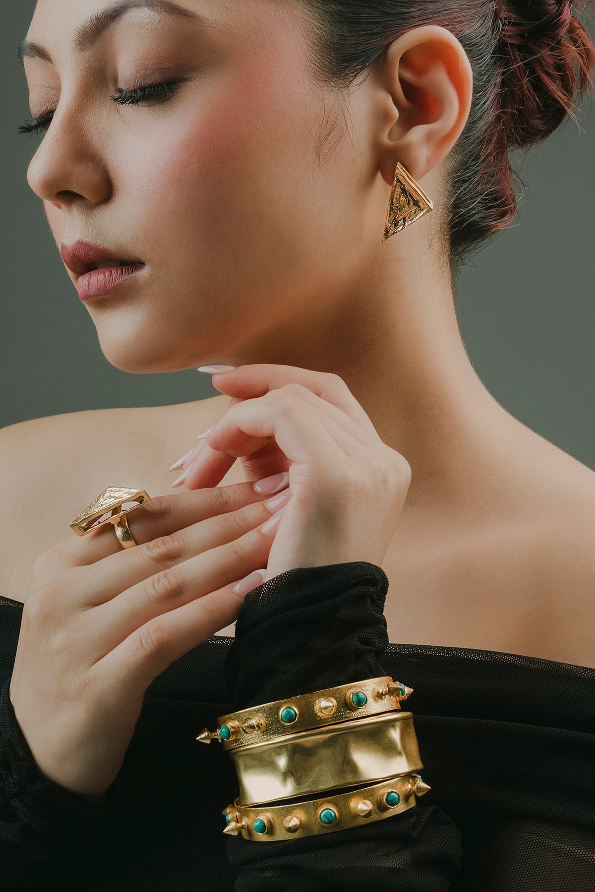 Gold Finish Turquoise Stone Adjustable Bracelet (Set Of 3)