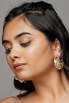Gold Finish Stone Hoop Earrings