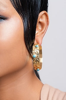 Gold Finish Stone Hoop Earrings