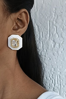 Gold Plated Swarovski & CZ Crystal White Enameled Stud Earrings