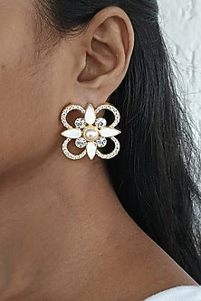 Gold Finish Swarovski Crystal & Pearl White Enameled Stud Earrings