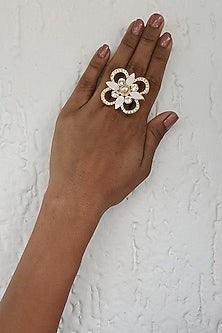Gold Finish Swarovski Crystal & Pearl Adjustable White Enameled Adjustable Ring
