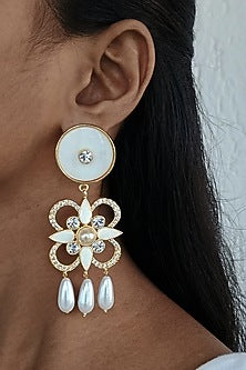 Gold Finish Mother Of Pearl & Swarovski Crystal White Enameled Mini Dangler Earrings
