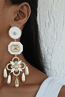 Gold Finish Mother Of Pearl & Swarovski Crystal White Enameled Dangler Earrings