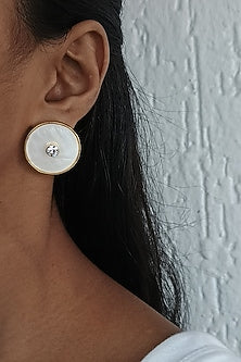 Gold Finish Mother Of Pearl & Swarovski Crystal White Enameled Stud Earrings