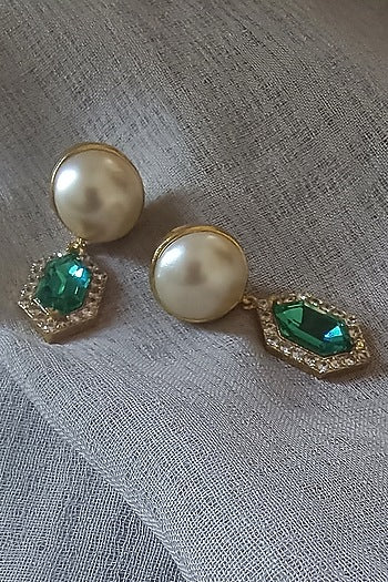 Gold Finish Swarovski Pearls & Crystals Dangler Earrings