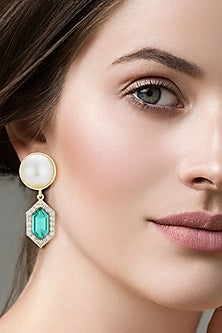 Gold Finish Swarovski Pearls & Crystals Dangler Earrings