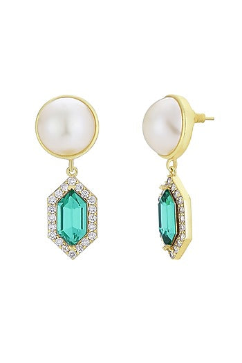 Gold Finish Swarovski Pearls & Crystals Dangler Earrings