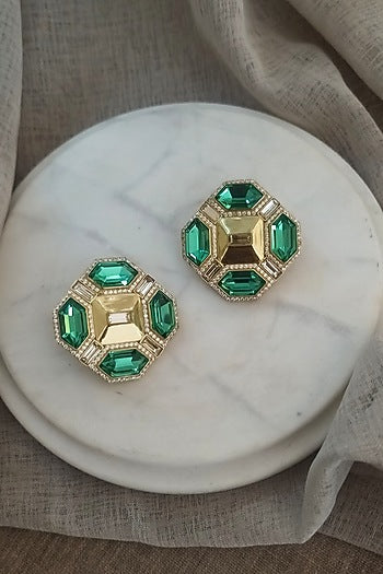 Gold Finish Baguette Crystals Stud Earrings