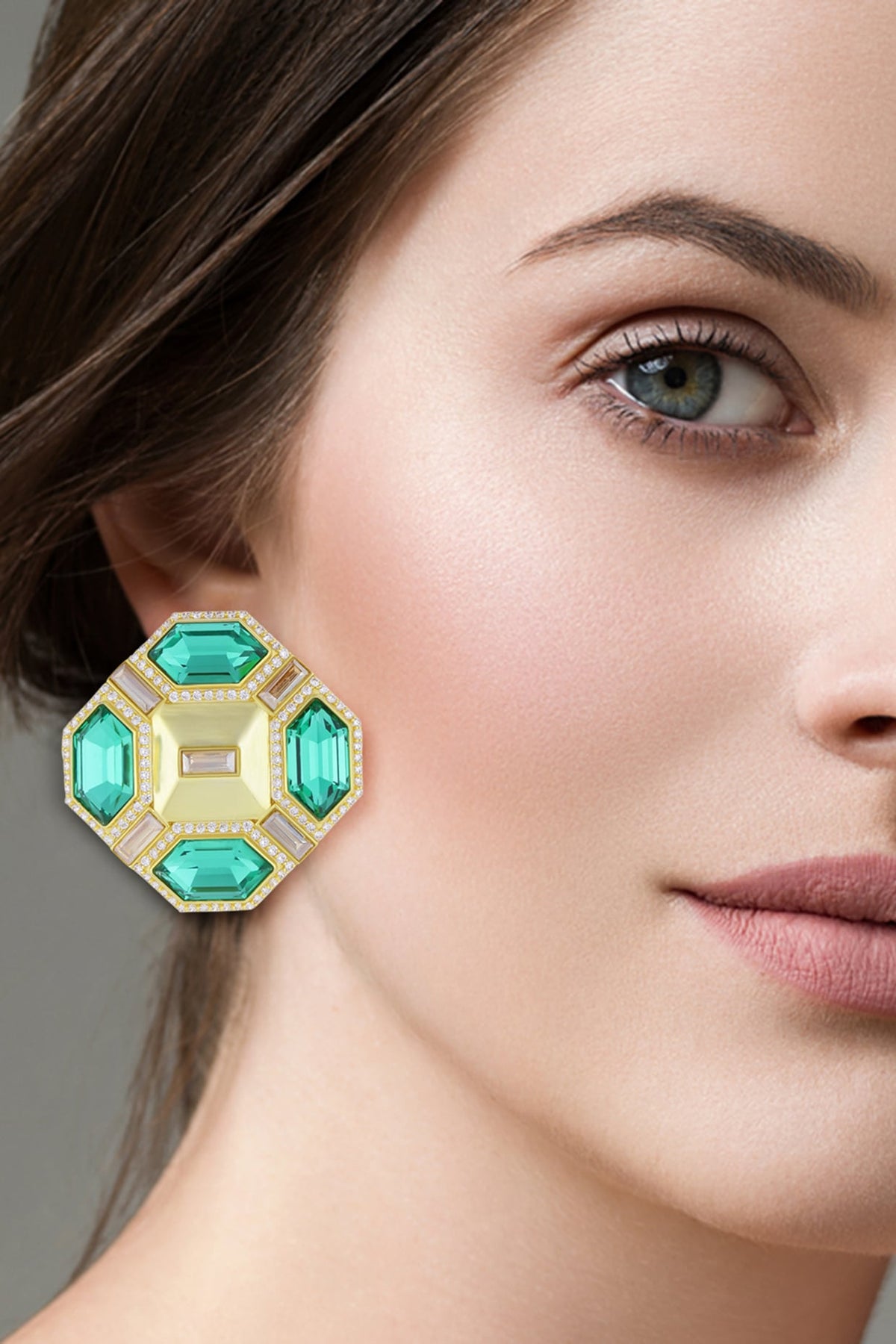 Gold Finish Baguette Crystals Stud Earrings