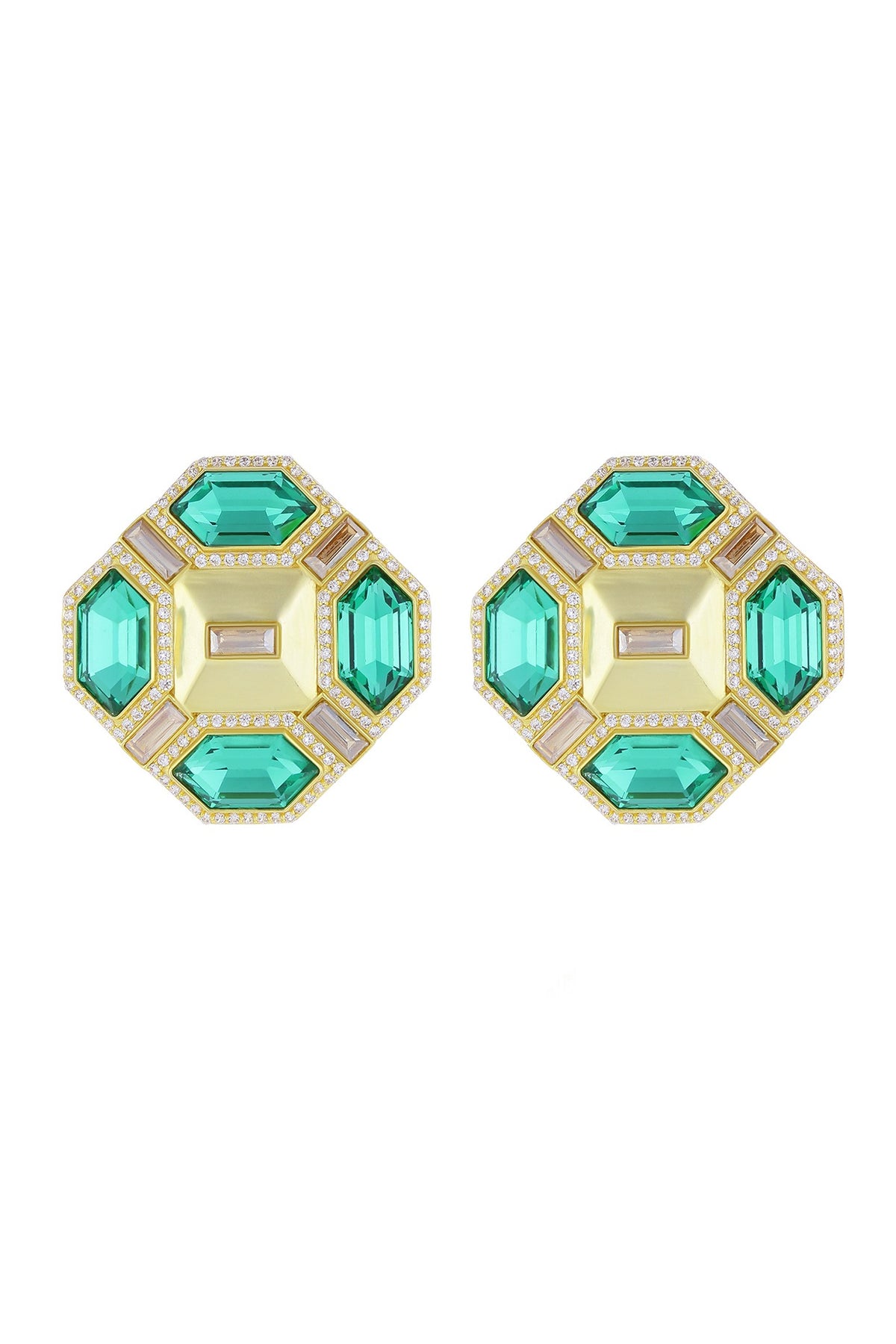 Gold Finish Baguette Crystals Stud Earrings