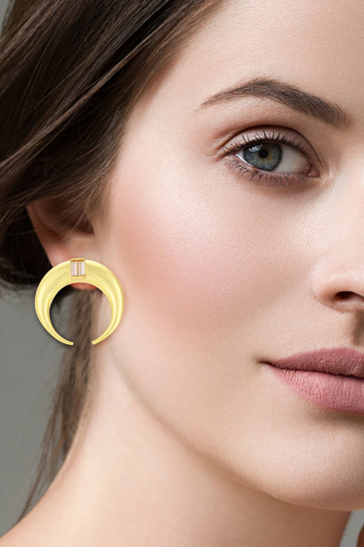 Gold Finish Baguette Crystal Moon Hoop Earrings