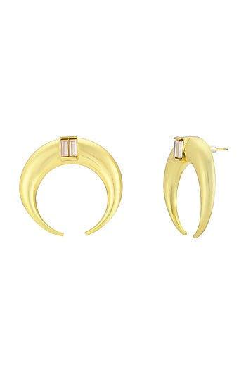 Gold Finish Baguette Crystal Moon Hoop Earrings