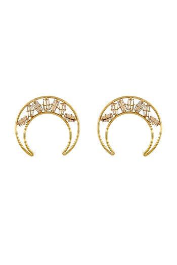 Gold Finish Crystal Moon Stud Earrings