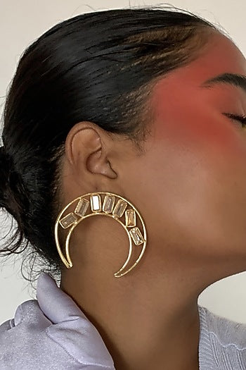 Gold Finish Crystal Moon Stud Earrings