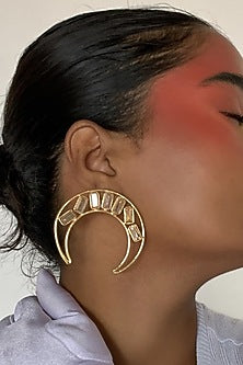 Gold Finish Crystal Moon Stud Earrings