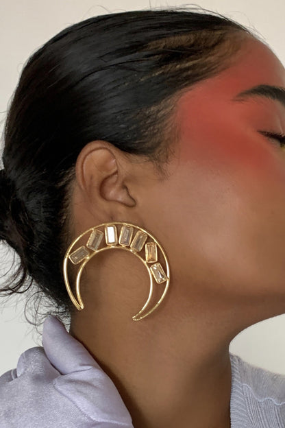 Gold Finish Crystal Moon Stud Earrings