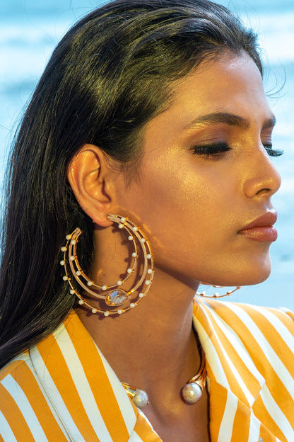 Gold Finish Swarovski Triple Hoop Earrings