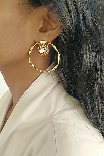 Gold Finish Swarovski Crystals Twisted Hoop Earrings