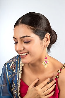 Gold Plated Pastel Blue & Hot Pink Silk Embroidered Dangler Earrings