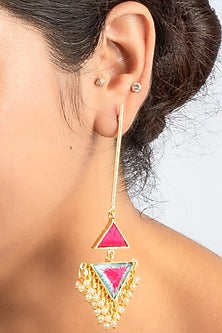 Gold Plated Pastel Blue & Hot Pink Silk Embroidered Dangler Earrings