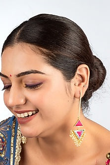 Gold Plated Pastel Blue & Hot Pink Silk Embroidered Dangler Earrings