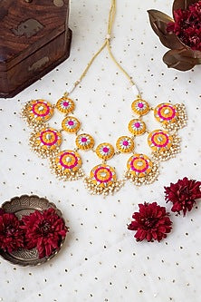 Matte Gold Finish Yellow & Pink Zari Silk Embroidered Layered Necklace