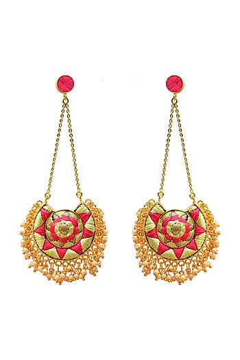 Gold Finish Pearl Hand Embroidered Earrings