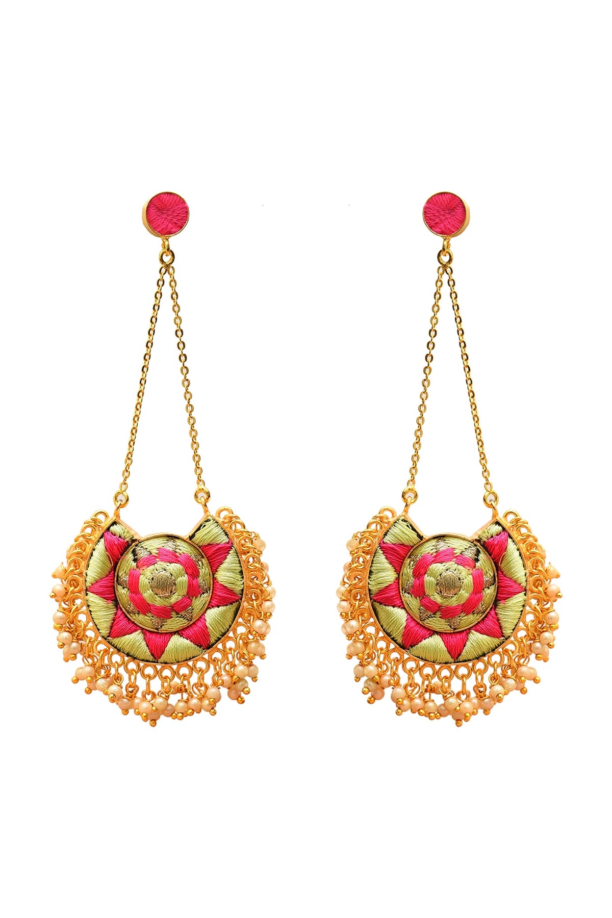 Gold Finish Pearl Hand Embroidered Earrings