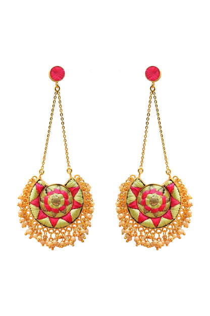 Gold Finish Pearl Hand Embroidered Earrings