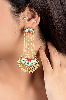 Gold Finish Hand Embroidered Dangler Earrings In Brass
